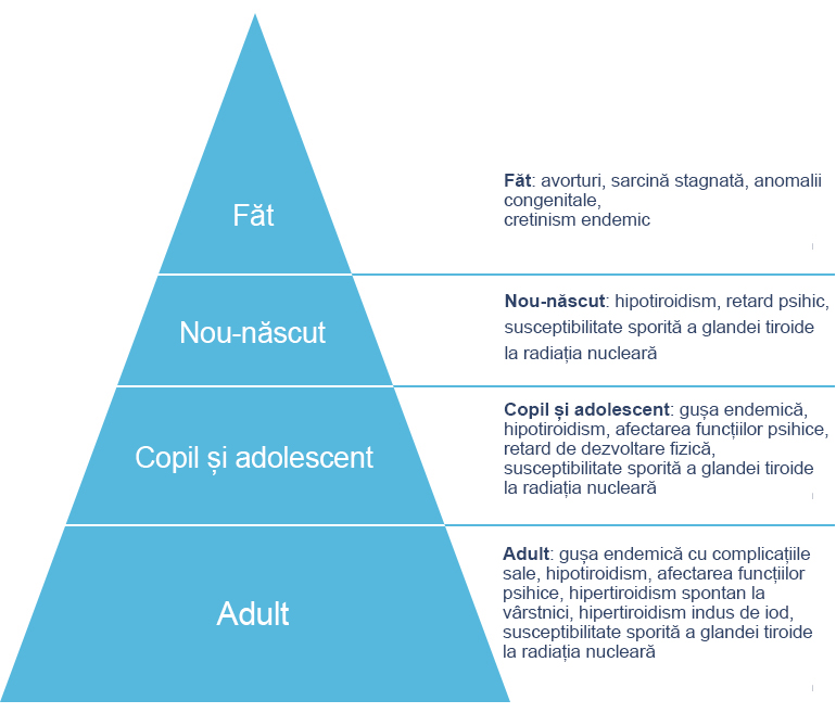 În dependență de vârstă, deficiența de iod poate cauza mai multe tulburări